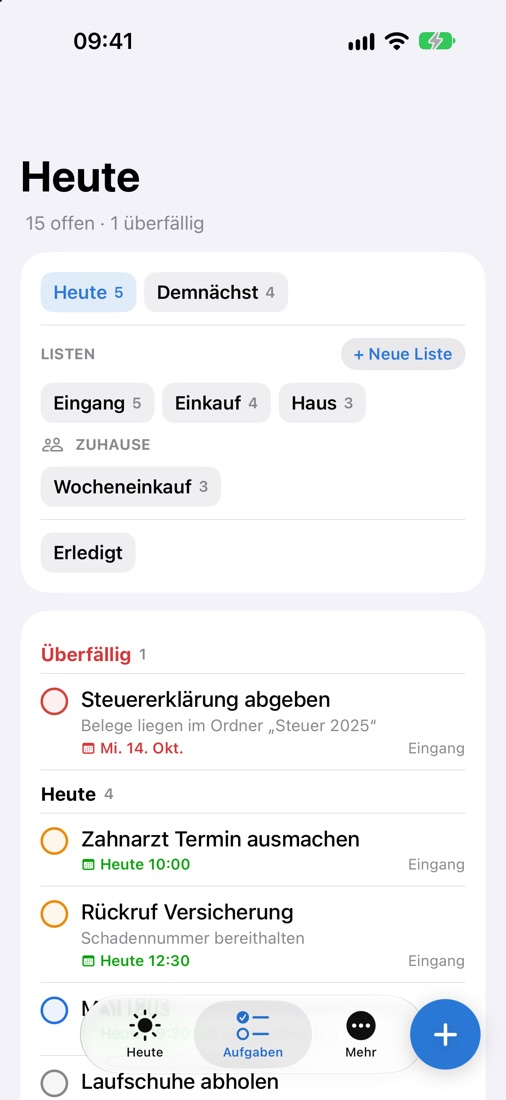 Kenk.io on the iPhone: tasks page with lists and circles to tick off