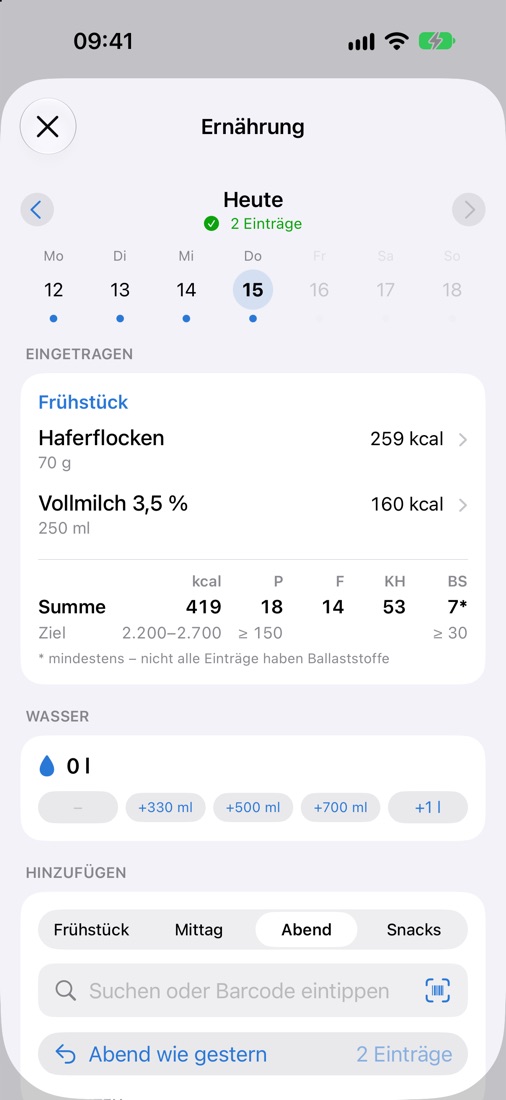 Kenk.io auf dem iPhone: Ernährung eintragen mit Summe und Zielen