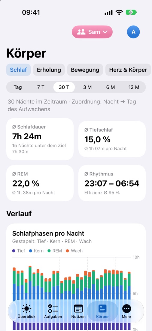 Kenk.io auf dem iPhone: Schlaf einer anderen Person, Umschalter oben
