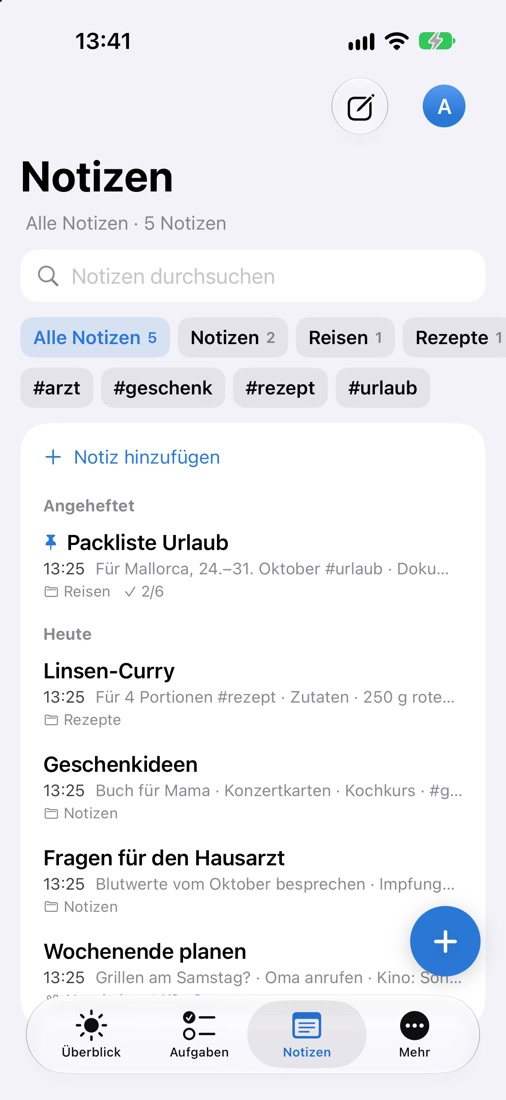 Kenk.io auf dem iPhone: Seite Notizen