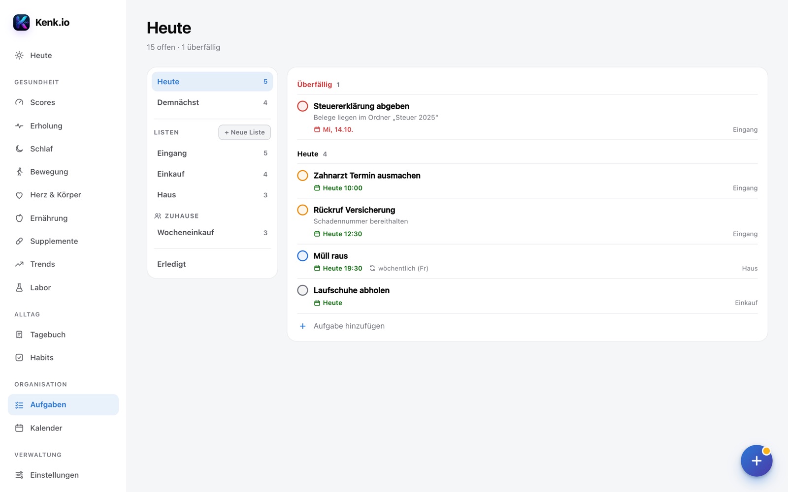 Kenk.io in the browser: tasks page with lists, priorities and due dates