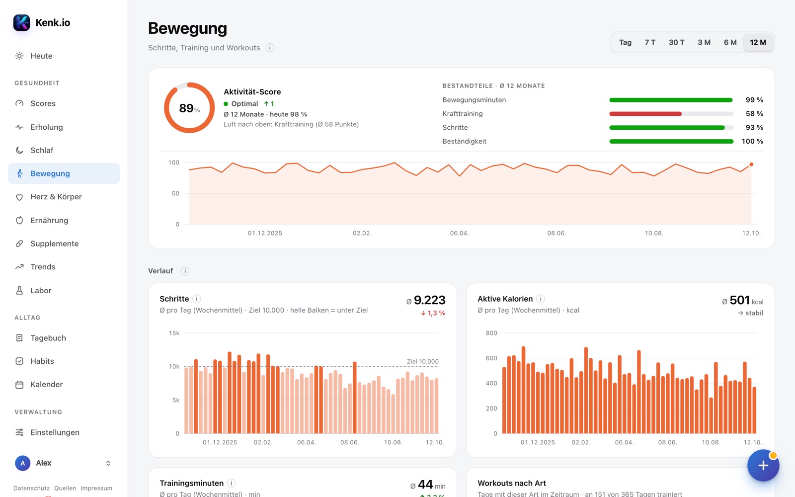 Kenk.io in the browser: activity page with steps, training and workouts