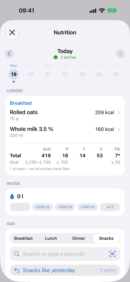 Kenk.io on the iPhone: logging nutrition with total, goals and water