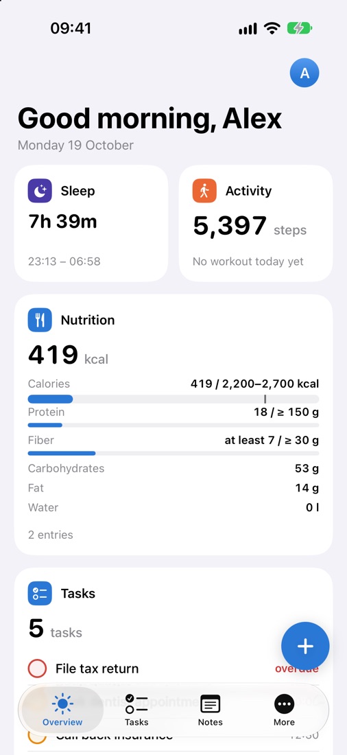 Kenk.io on the iPhone: overview with sleep and steps from Apple Health