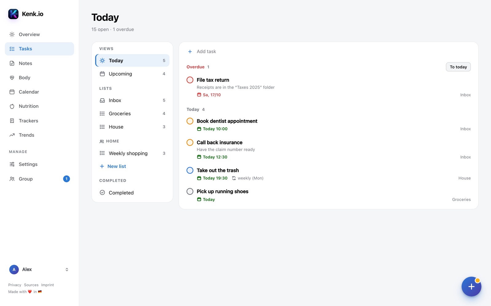 Kenk.io in the browser: tasks page with views and lists