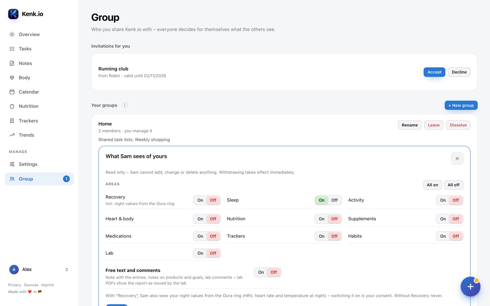Kenk.io in the browser: group with sharing per area opened