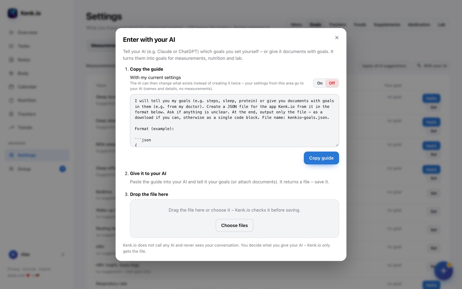 Kenk.io in the browser: “Enter with your AI” window in three steps