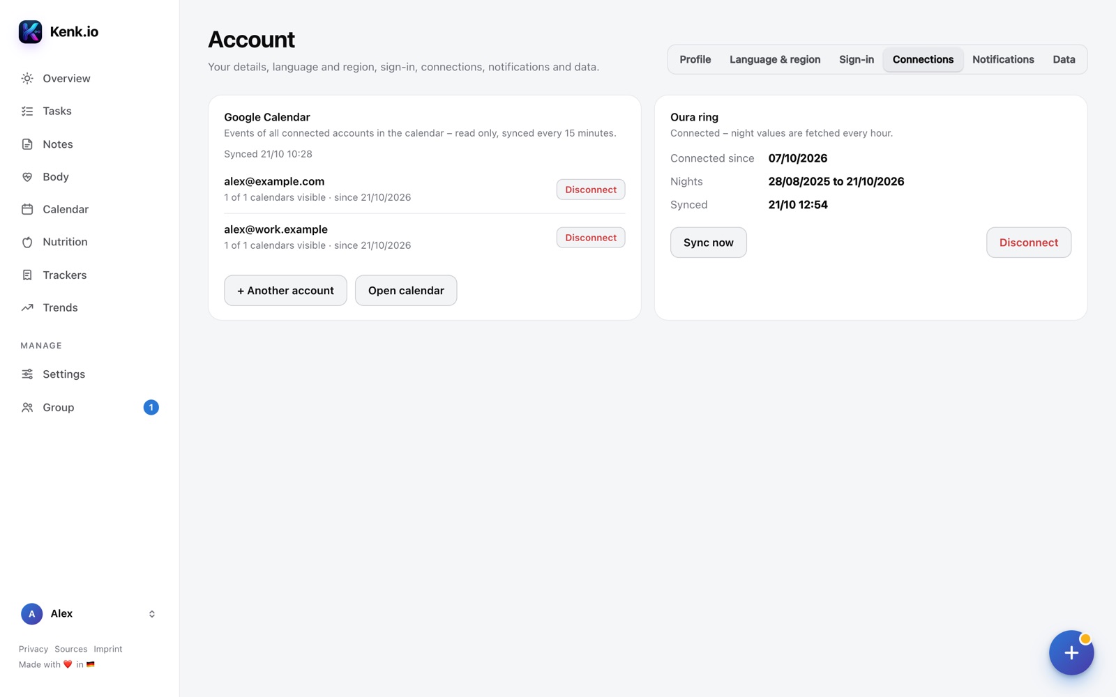 Kenk.io in the browser: Account → Connections with Google Calendar and Oura ring