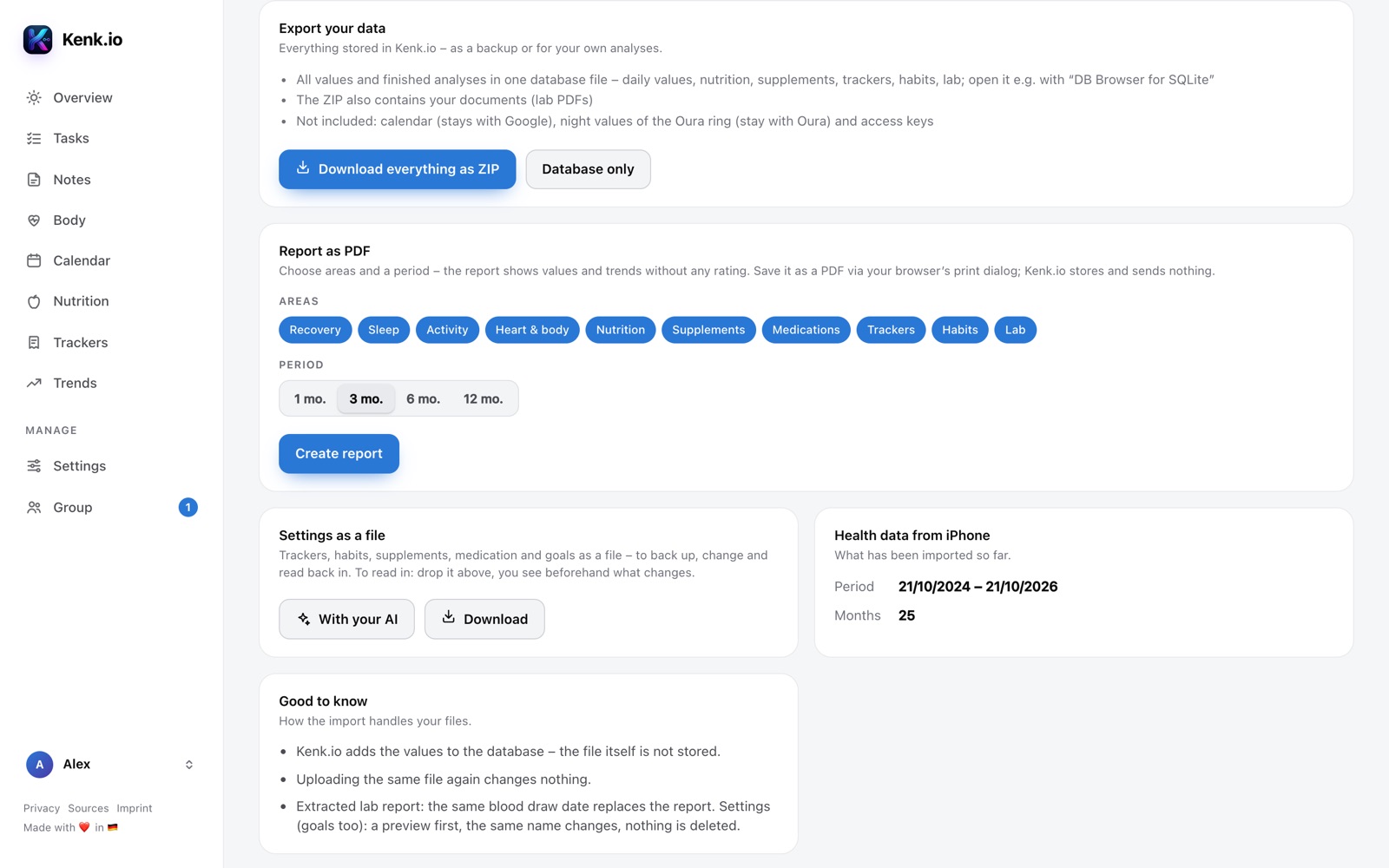 Kenk.io in the browser: Account → Data with export and report as PDF