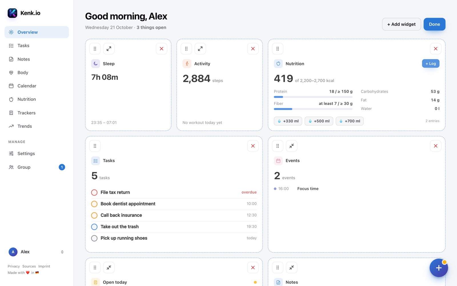 Kenk.io in the browser: overview in edit mode