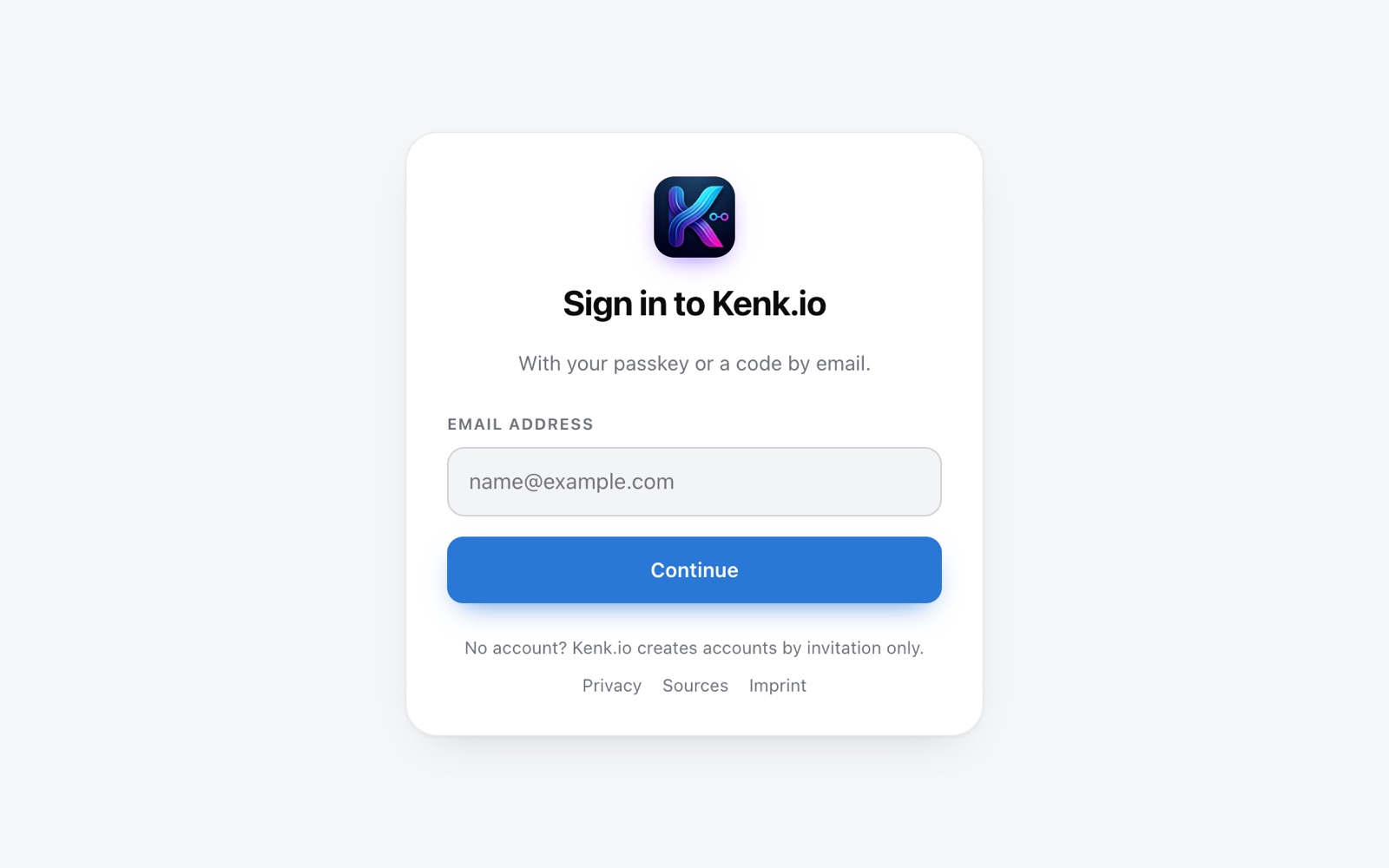 Kenk.io in the browser: sign-in with email address, passkey or code