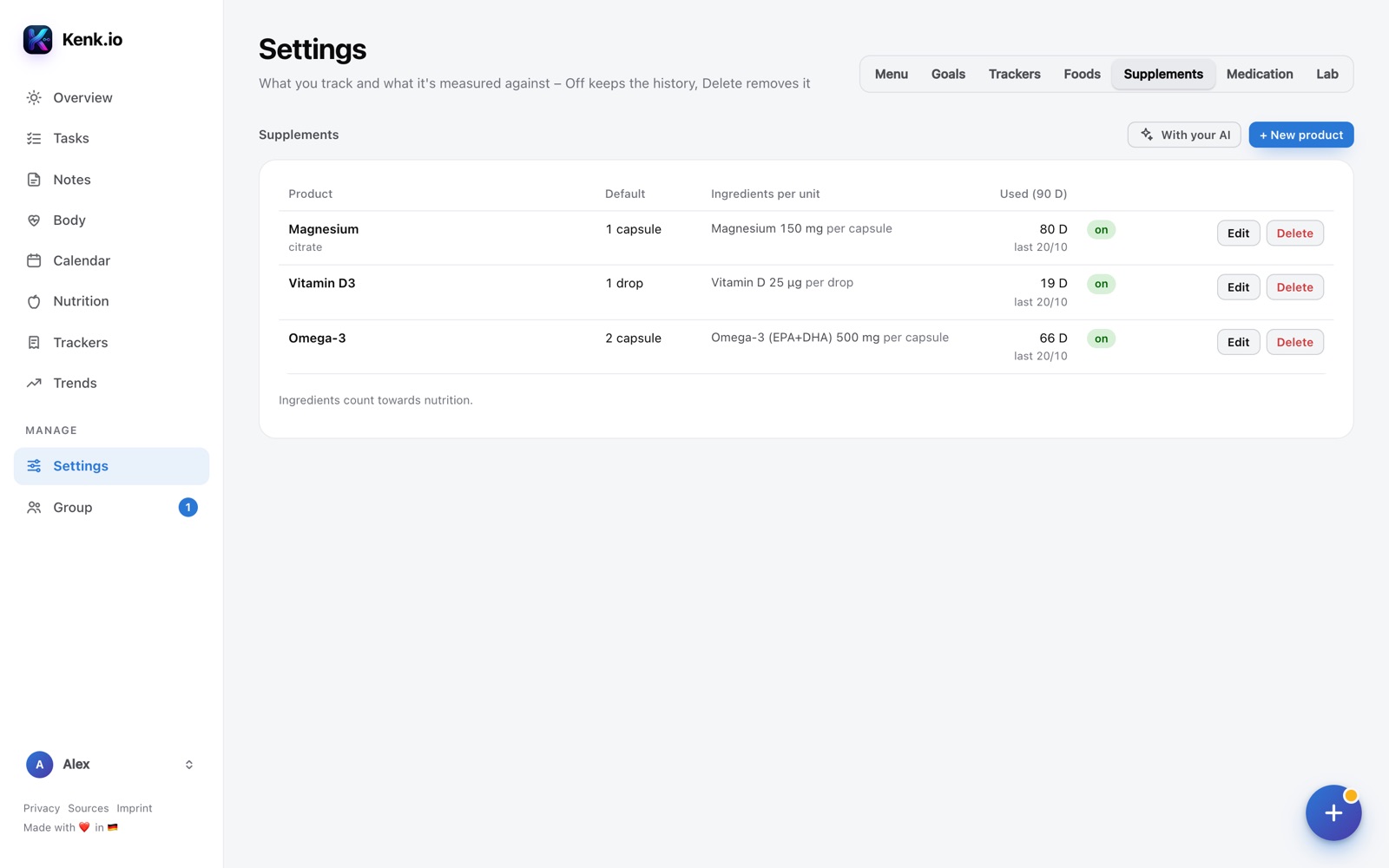 Kenk.io in the browser: Settings → Supplements with three products