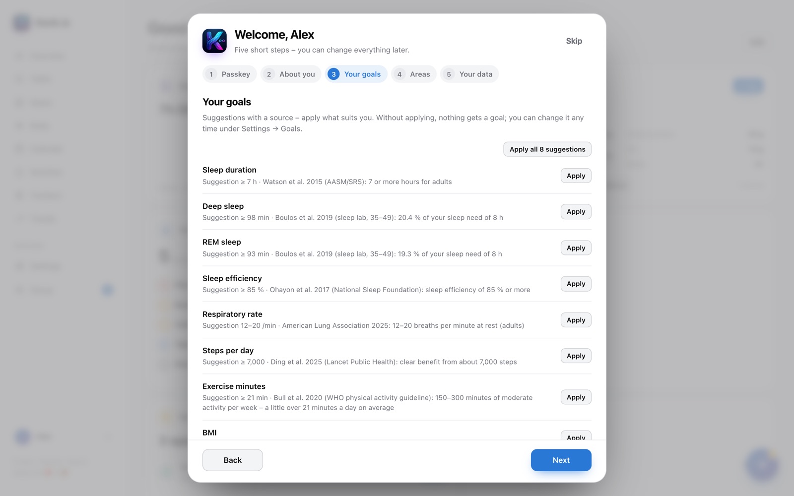 Kenk.io in the browser: setup, step “Your goals” with suggestions and sources