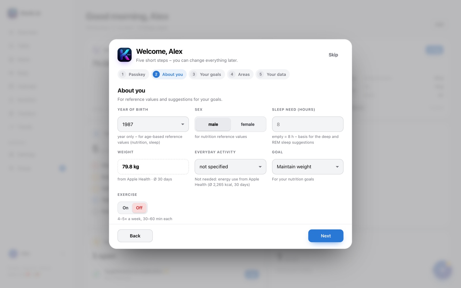 Kenk.io in the browser: setup, step “About you” with year of birth, weight and sleep need
