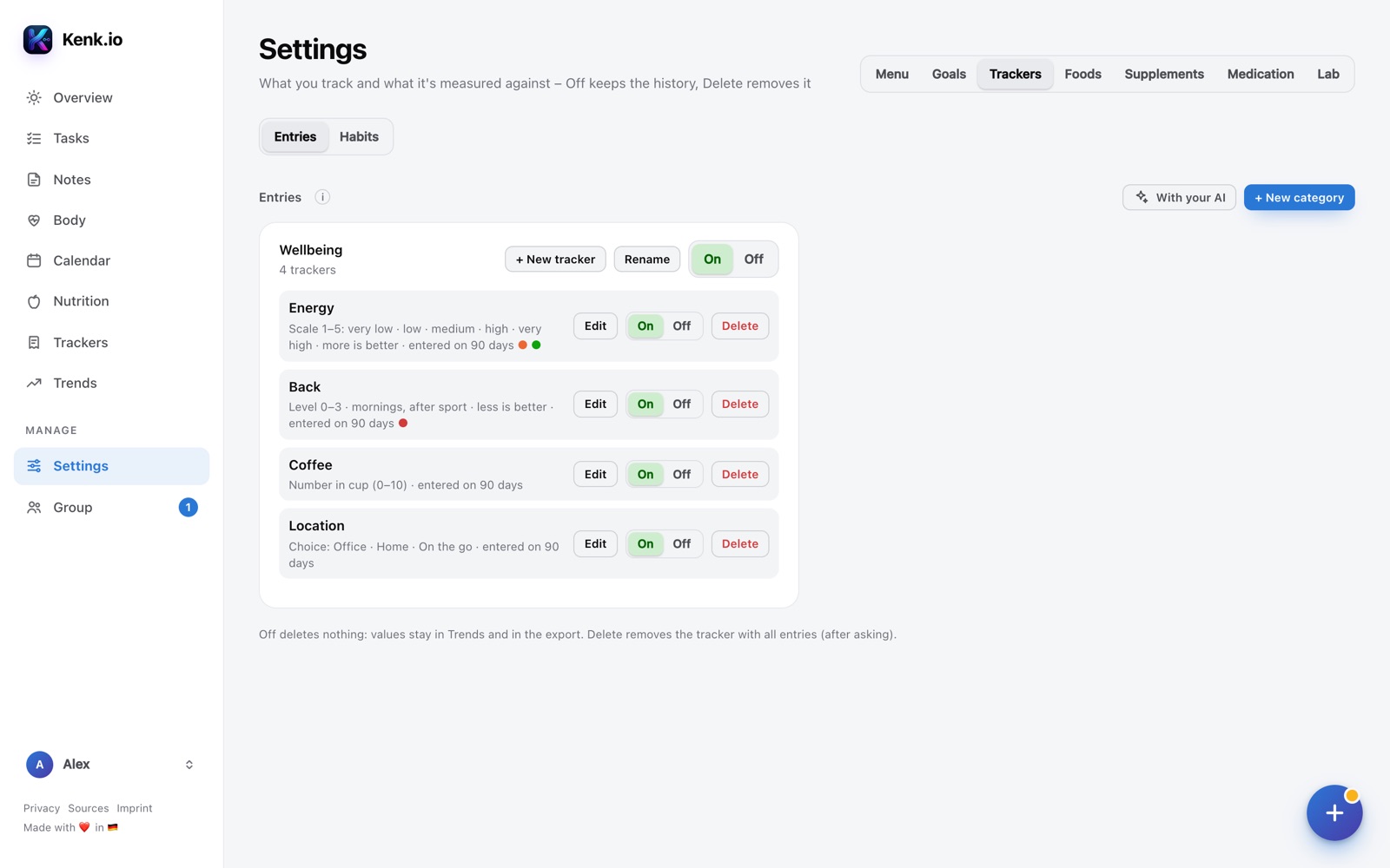 Kenk.io in the browser: Settings → Trackers with a category and four trackers