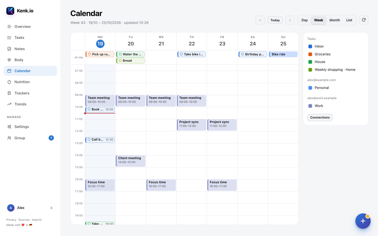 Kenk.io in the browser: calendar week with events and tasks