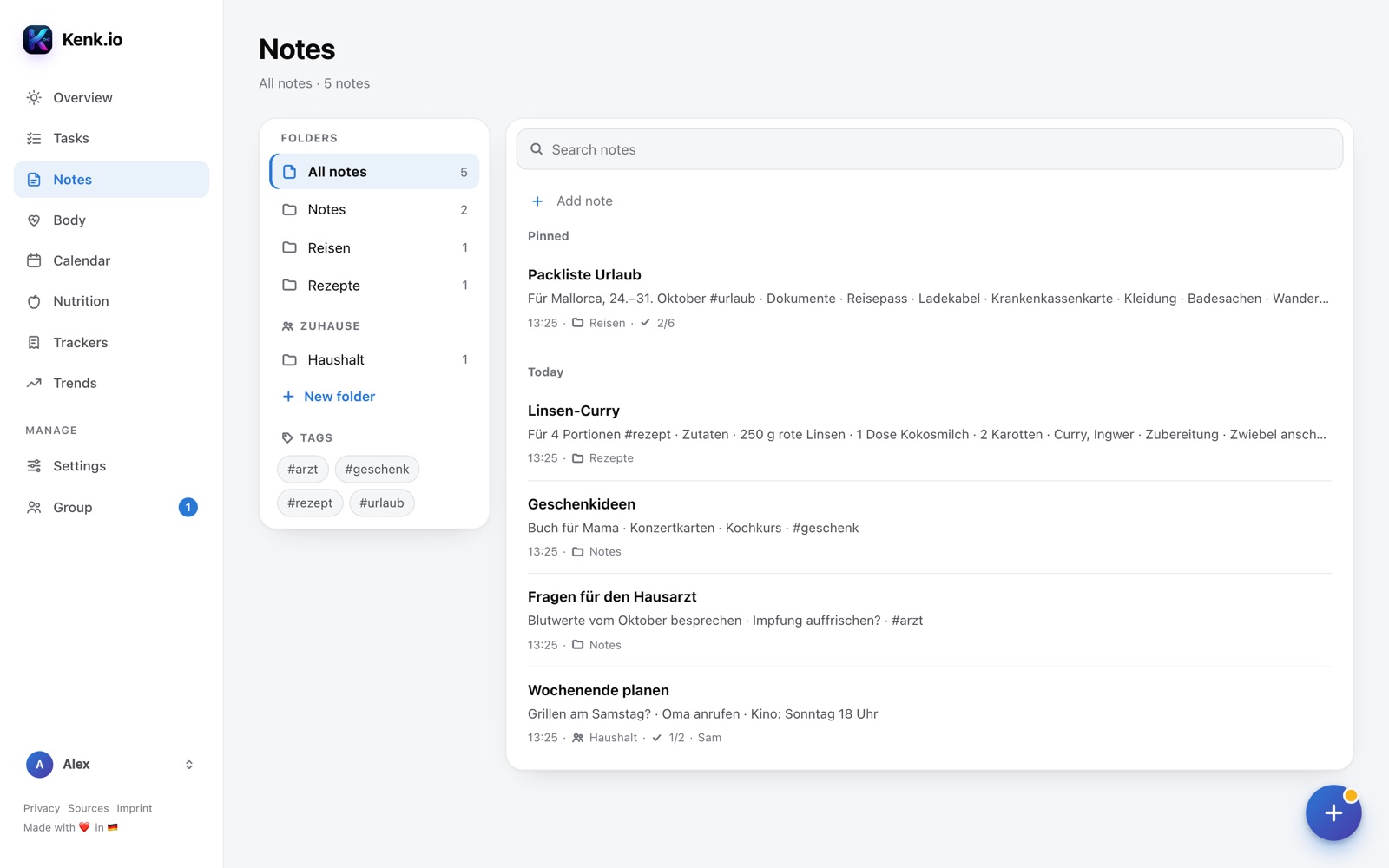 Kenk.io in the browser: notes page with folders, tags and list of notes