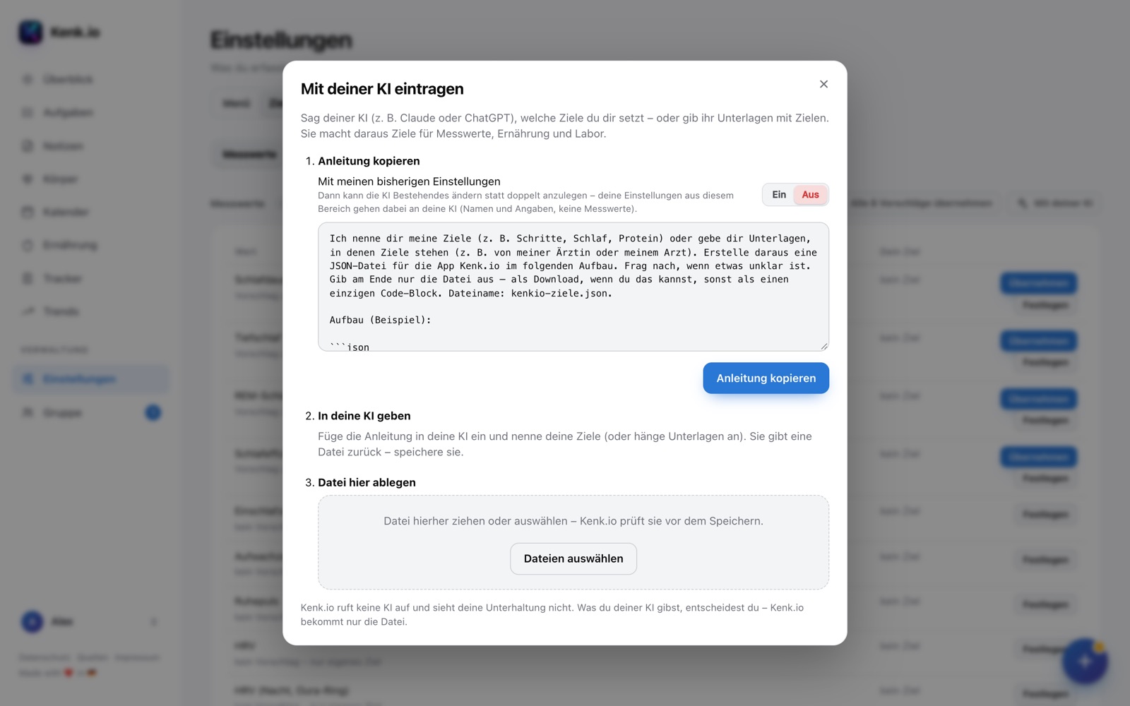 Kenk.io im Browser: Fenster „Mit deiner KI eintragen“ in drei Schritten