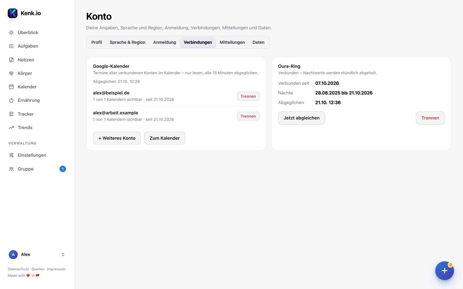 Kenk.io im Browser: Konto → Verbindungen mit Google-Kalender und Oura-Ring