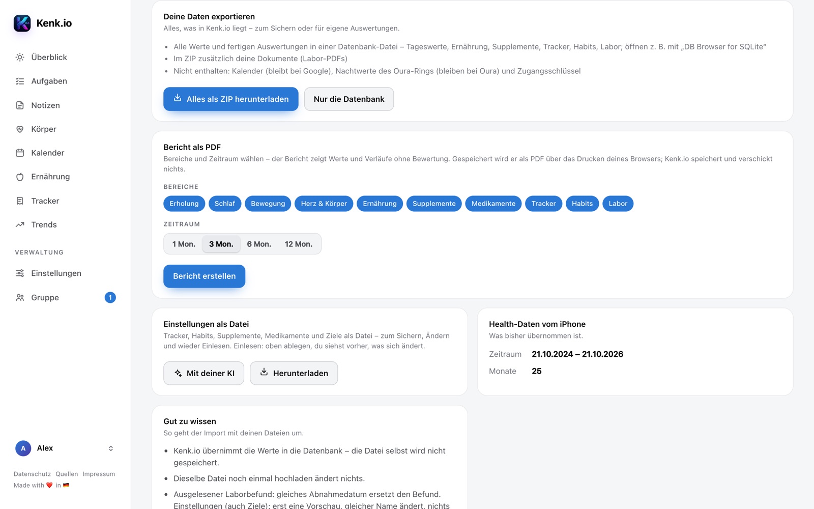 Kenk.io im Browser: Konto → Daten mit Export und Bericht als PDF