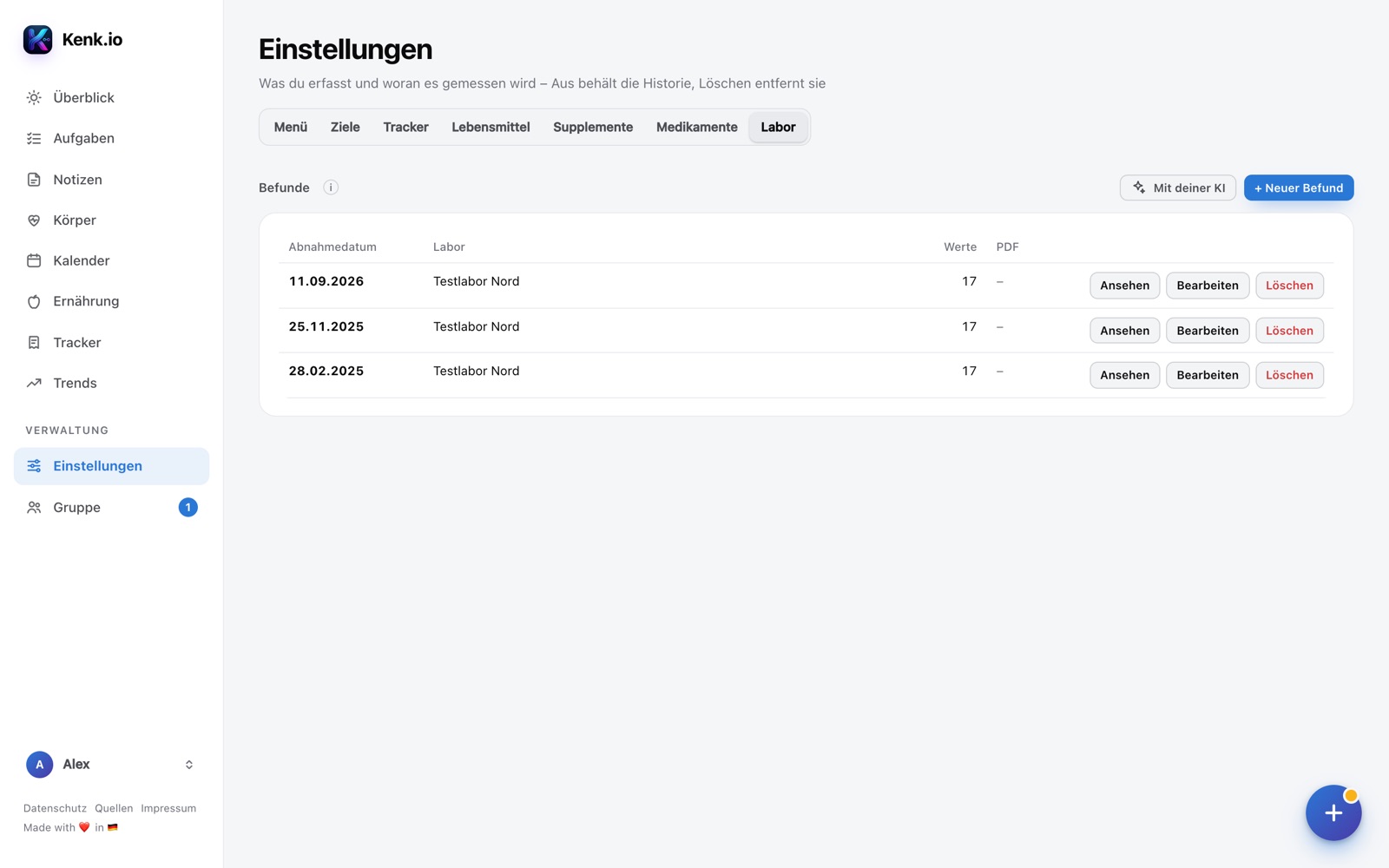 Kenk.io im Browser: Einstellungen → Labor mit drei Befunden