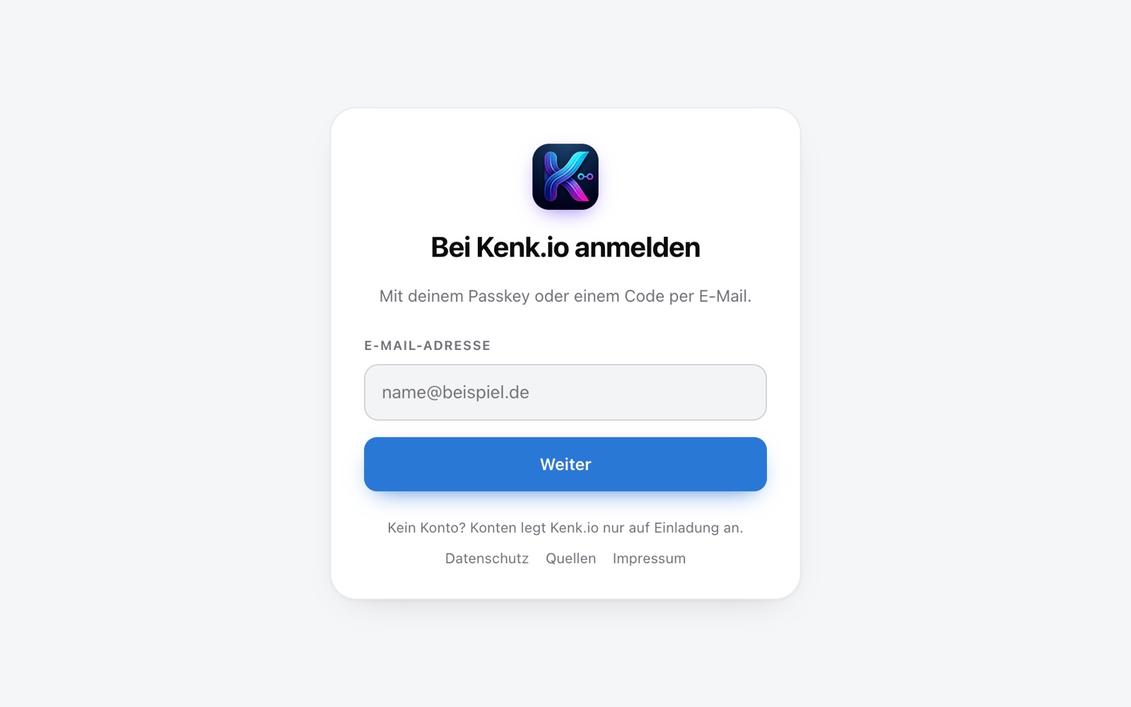 Kenk.io im Browser: Anmeldung mit E-Mail-Adresse, Passkey oder Code