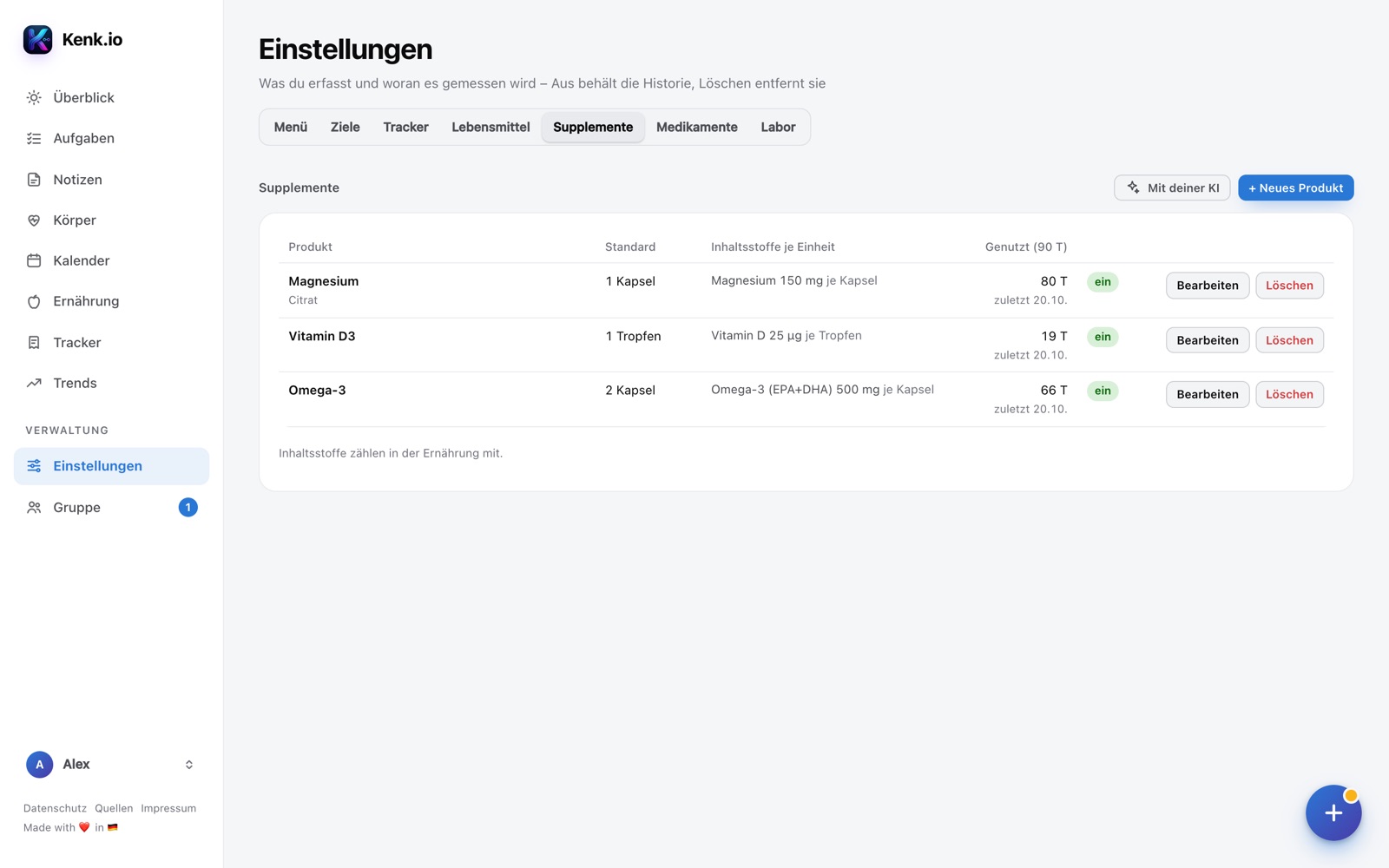 Kenk.io im Browser: Einstellungen → Supplemente mit drei Produkten