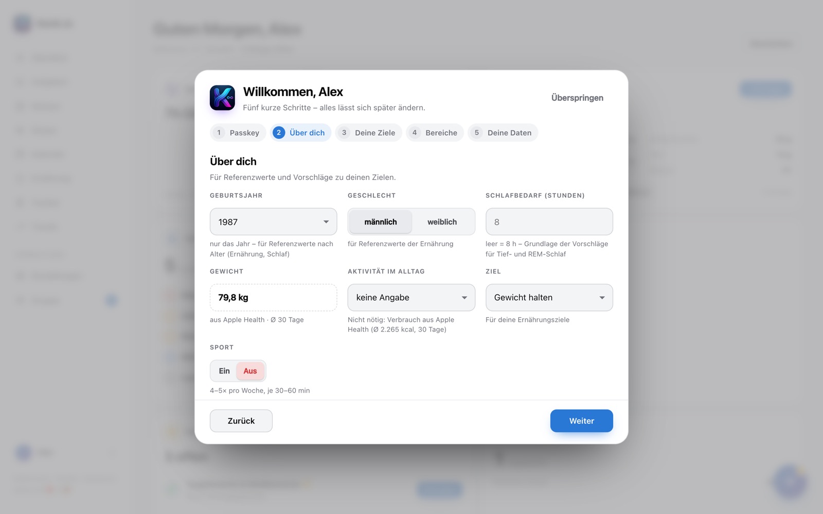 Kenk.io im Browser: Einrichtung, Schritt „Über dich“ mit Geburtsjahr, Gewicht und Schlafbedarf