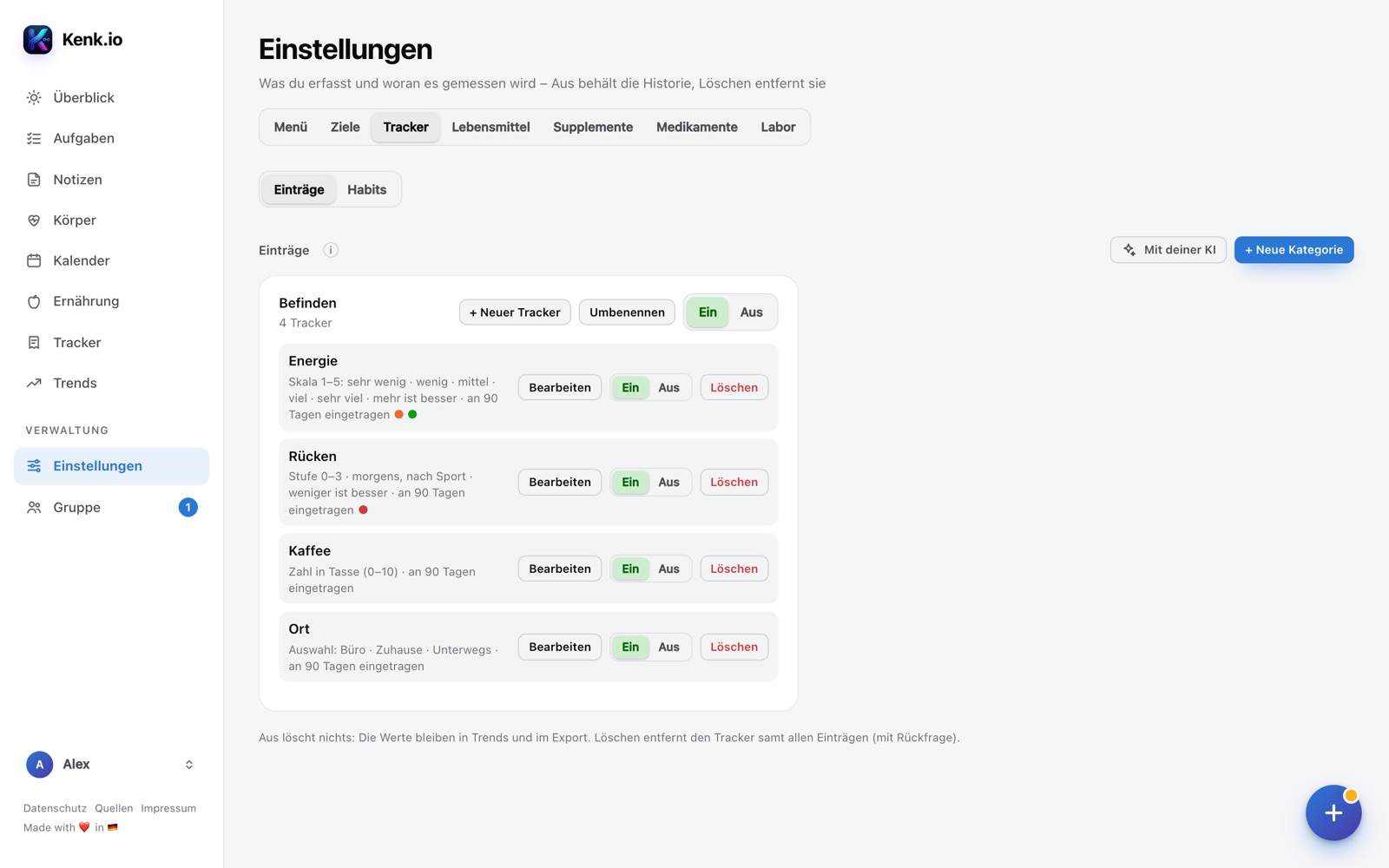 Kenk.io im Browser: Einstellungen → Tracker mit Kategorie und vier Trackern