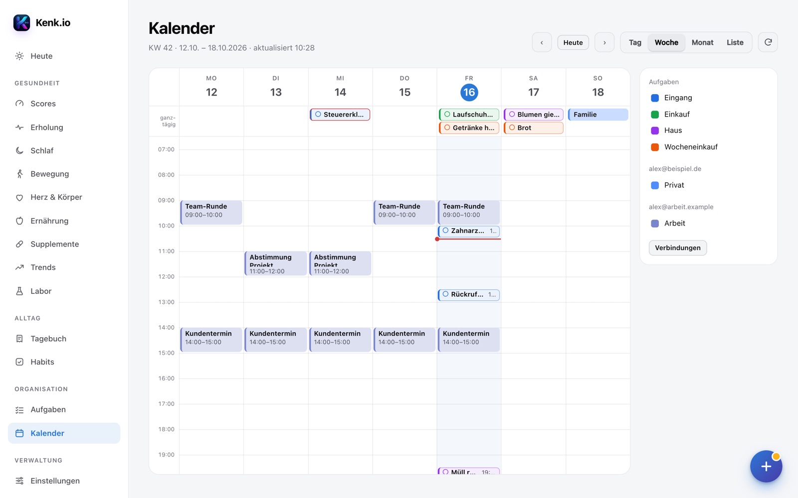 Kenk.io im Browser: Kalender mit Terminen und Aufgaben in der Farbe ihrer Liste