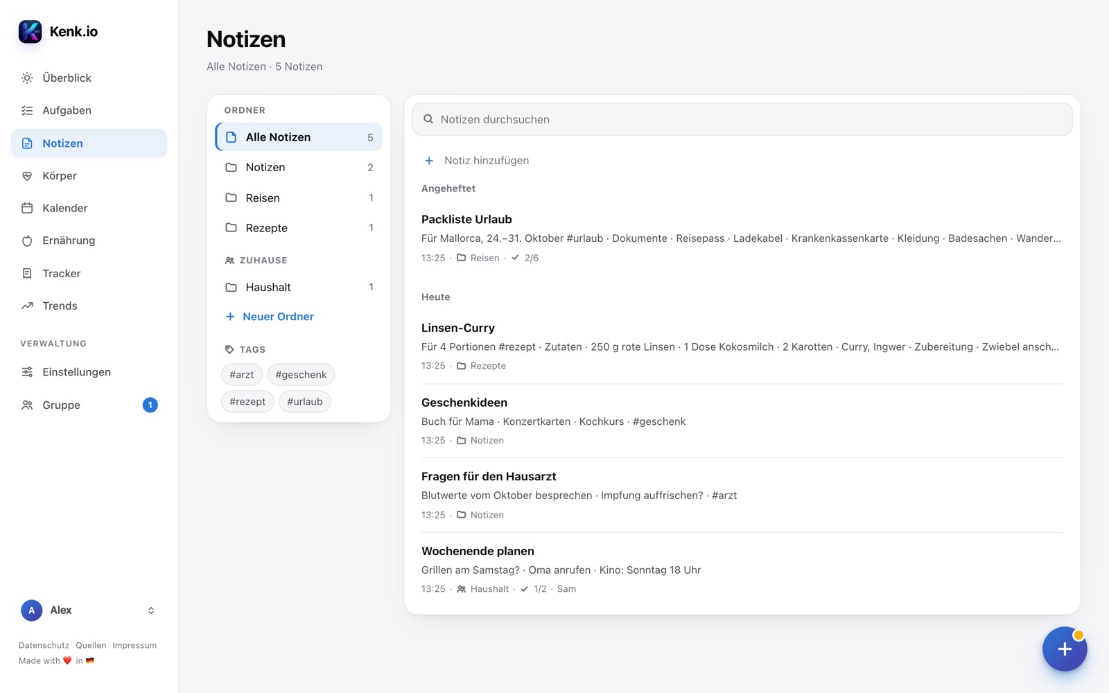 Kenk.io im Browser: Seite Notizen mit Ordnern, Tags und Liste der Notizen