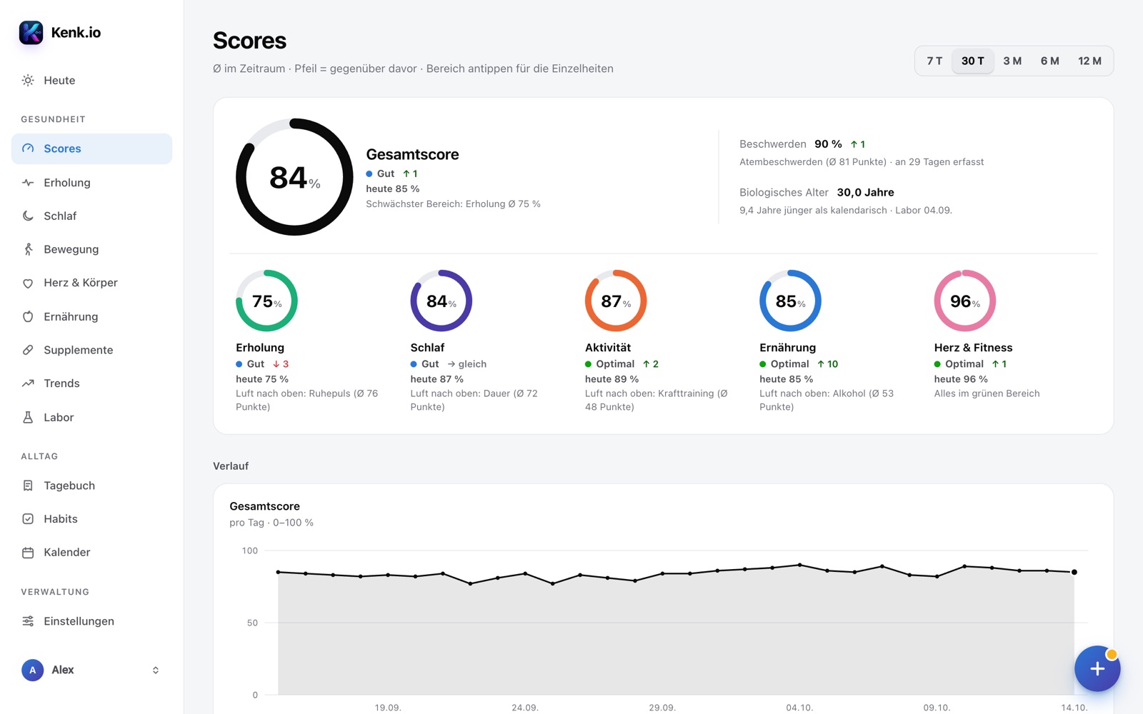 Kenk.io im Browser: Seite Scores mit Gesamtscore und Bereichen